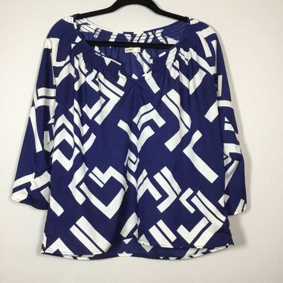 Royal blue and white geometry  floaty top with keyhole semi sheer wide sleeve M - Picture 1 of 6